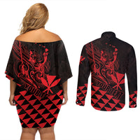Personalized King Kamehameha Day Couples Matching Off Shoulder Short Dress and Long Sleeve Button Shirt Kakau Polynesian Pattern