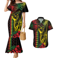 King Kamehameha Day Couples Matching Mermaid Dress and Hawaiian Shirt Hawaii Kakau Reggae LT01 Black - Polynesian Pride