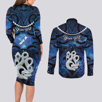 Personalized Maori Matariki Manaia Couples Matching Long Sleeve Bodycon Dress and Long Sleeve Button Shirt Maori Kowhaiwhai Pattern Galaxy LT01 - Polynesian Pride
