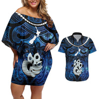Personalized Maori Matariki Manaia Couples Matching Off Shoulder Short Dress and Hawaiian Shirt Maori Kowhaiwhai Pattern Galaxy LT01 Blue - Polynesian Pride