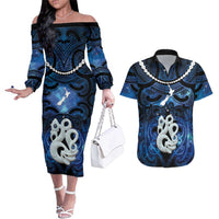 Personalized Maori Matariki Manaia Couples Matching Off The Shoulder Long Sleeve Dress and Hawaiian Shirt Maori Kowhaiwhai Pattern Galaxy LT01 Blue - Polynesian Pride
