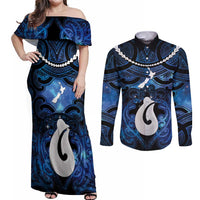 Personalized Maori Matariki Hei Matau Couples Matching Off Shoulder Maxi Dress and Long Sleeve Button Shirt Maori Kowhaiwhai Pattern Galaxy