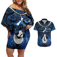Personalized Maori Matariki Hei Matau Couples Matching Off Shoulder Short Dress and Hawaiian Shirt Maori Kowhaiwhai Pattern Galaxy LT01 Blue - Polynesian Pride