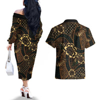 Indonesian Batik Pattern Vintage Brown Couples Matching Off The Shoulder Long Sleeve Dress and Hawaiian Shirt