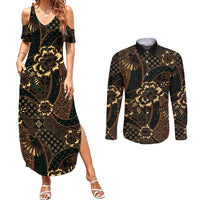 Indonesian Batik Pattern Vintage Brown Couples Matching Summer Maxi Dress and Long Sleeve Button Shirt