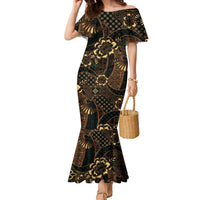 Indonesian Batik Pattern Vintage Brown Family Matching Mermaid Dress and Hawaiian Shirt LT01 Mom's Dress Brown - Polynesian Pride