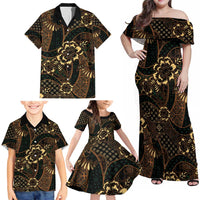 Indonesian Batik Pattern Vintage Brown Family Matching Off Shoulder Maxi Dress and Hawaiian Shirt