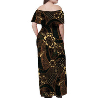 Indonesian Batik Pattern Vintage Brown Family Matching Off Shoulder Maxi Dress and Hawaiian Shirt