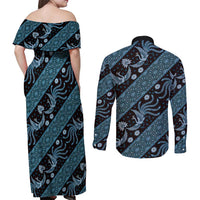 Indonesia Batik Pattern Couples Matching Off Shoulder Maxi Dress and Long Sleeve Button Shirt Blue Version