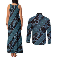 Indonesia Batik Pattern Couples Matching Tank Maxi Dress and Long Sleeve Button Shirt Blue Version