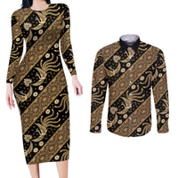 Indonesia Batik Pattern Couples Matching Long Sleeve Bodycon Dress and Long Sleeve Button Shirt Gold Version