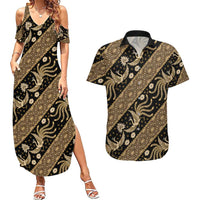 Indonesia Batik Pattern Couples Matching Summer Maxi Dress and Hawaiian Shirt Gold Version