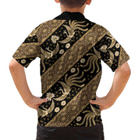 Indonesia Batik Pattern Family Matching Off Shoulder Maxi Dress and Hawaiian Shirt Gold Version