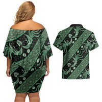 Indonesia Batik Pattern Couples Matching Off Shoulder Short Dress and Hawaiian Shirt Green Version