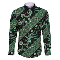 Indonesia Batik Pattern Family Matching Off The Shoulder Long Sleeve Dress and Hawaiian Shirt Green Version