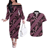 Indonesia Batik Pattern Couples Matching Off The Shoulder Long Sleeve Dress and Hawaiian Shirt Pink Version