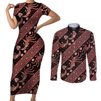 Indonesia Batik Pattern Couples Matching Short Sleeve Bodycon Dress and Long Sleeve Button Shirt Red Version