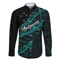 Personalised Aotearoa Family Matching Off Shoulder Maxi Dress and Hawaiian Shirt Silver Fern Mix Paua Shell Polynesian Pattern LT01 Dad's Shirt - Long Sleeve Black - Polynesian Pride
