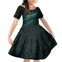 Personalised Aotearoa Family Matching Short Sleeve Bodycon Dress and Hawaiian Shirt Silver Fern Mix Paua Shell Polynesian Pattern LT01 Daughter's Dress Black - Polynesian Pride
