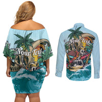 Personalized Aloha Hawaii Skeleton Couples Matching Off Shoulder Short Dress and Long Sleeve Button Shirt Tropical Summer Vibe