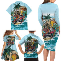 Personalized Aloha Hawaii Skeleton Family Matching Long Sleeve Bodycon Dress and Hawaiian Shirt Tropical Summer Vibe