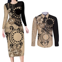 Cook Islands Turtle Couples Matching Long Sleeve Bodycon Dress and Long Sleeve Button Shirt Stars and Hibiscus - Beige
