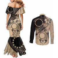 Cook Islands Turtle Couples Matching Mermaid Dress and Long Sleeve Button Shirt Stars and Hibiscus - Beige