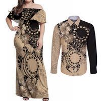 Cook Islands Turtle Couples Matching Off Shoulder Maxi Dress and Long Sleeve Button Shirt Stars and Hibiscus - Beige