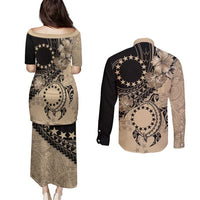 Cook Islands Turtle Couples Matching Puletasi and Long Sleeve Button Shirt Stars and Hibiscus - Beige