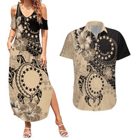 Cook Islands Turtle Couples Matching Summer Maxi Dress and Hawaiian Shirt Stars and Hibiscus - Beige