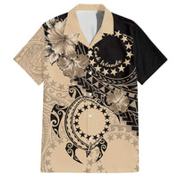 Cook Islands Turtle Family Matching Long Sleeve Bodycon Dress and Hawaiian Shirt Stars and Hibiscus - Beige LT01 Dad's Shirt - Short Sleeve Beige - Polynesian Pride