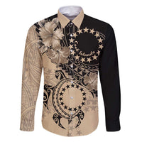 Cook Islands Turtle Family Matching Long Sleeve Bodycon Dress and Hawaiian Shirt Stars and Hibiscus - Beige LT01 Dad's Shirt - Long Sleeve Beige - Polynesian Pride
