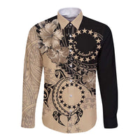 Cook Islands Turtle Long Sleeve Button Shirt Stars and Hibiscus - Beige