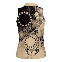 Cook Islands Turtle Women Sleeveless Polo Shirt Stars and Hibiscus - Beige LT01 - Polynesian Pride