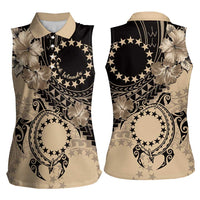 Cook Islands Turtle Women Sleeveless Polo Shirt Stars and Hibiscus - Beige LT01 - Polynesian Pride