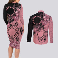 Cook Islands Turtle Couples Matching Long Sleeve Bodycon Dress and Long Sleeve Button Shirt Stars and Hibiscus - Pink