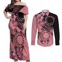 Cook Islands Turtle Couples Matching Off Shoulder Maxi Dress and Long Sleeve Button Shirt Stars and Hibiscus - Pink