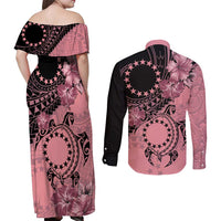 Cook Islands Turtle Couples Matching Off Shoulder Maxi Dress and Long Sleeve Button Shirt Stars and Hibiscus - Pink