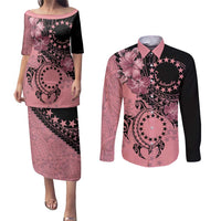 Cook Islands Turtle Couples Matching Puletasi and Long Sleeve Button Shirt Stars and Hibiscus - Pink