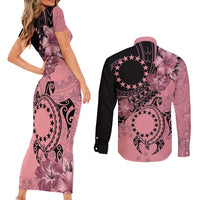 Cook Islands Turtle Couples Matching Short Sleeve Bodycon Dress and Long Sleeve Button Shirt Stars and Hibiscus - Pink
