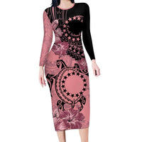 Cook Islands Turtle Family Matching Long Sleeve Bodycon Dress and Hawaiian Shirt Stars and Hibiscus - Pink