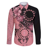 Cook Islands Turtle Family Matching Off Shoulder Short Dress and Hawaiian Shirt Stars and Hibiscus - Pink LT01 Dad's Shirt - Long Sleeve Pink - Polynesian Pride