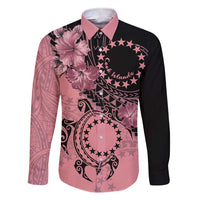 Cook Islands Turtle Family Matching Short Sleeve Bodycon Dress and Hawaiian Shirt Stars and Hibiscus - Pink LT01 Dad's Shirt - Long Sleeve Pink - Polynesian Pride