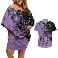 Cook Islands Turtle Couples Matching Off Shoulder Short Dress and Hawaiian Shirt Stars and Hibiscus - Purple