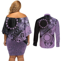 Cook Islands Turtle Couples Matching Off Shoulder Short Dress and Long Sleeve Button Shirt Stars and Hibiscus - Purple