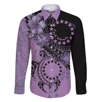 Cook Islands Turtle Family Matching Off Shoulder Short Dress and Hawaiian Shirt Stars and Hibiscus - Purple LT01 Dad's Shirt - Long Sleeve Purple - Polynesian Pride