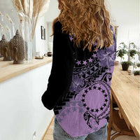 Cook Islands Turtle Women Casual Shirt Stars and Hibiscus - Purple LT01 - Polynesian Pride