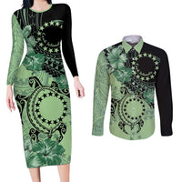 Cook Islands Turtle Couples Matching Long Sleeve Bodycon Dress and Long Sleeve Button Shirt Stars and Hibiscus - Green