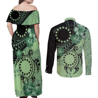 Cook Islands Turtle Couples Matching Off Shoulder Maxi Dress and Long Sleeve Button Shirt Stars and Hibiscus - Green