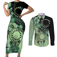 Cook Islands Turtle Couples Matching Short Sleeve Bodycon Dress and Long Sleeve Button Shirt Stars and Hibiscus - Green